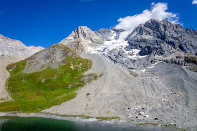 Scenic view of snowcapped mountains against blue sky