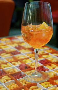Close-up of wine in glass on table