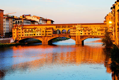 Arch bridge over river in city against sky during sunset