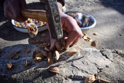 Cropped hands of person breaking walnuts on rock