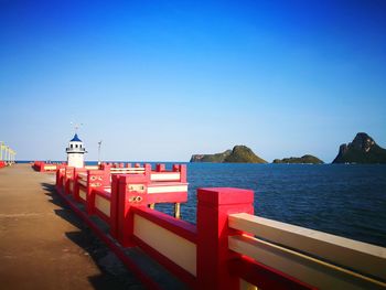 Scenic view of sea against clear blue sky