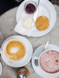 High angle view of breakfast on table