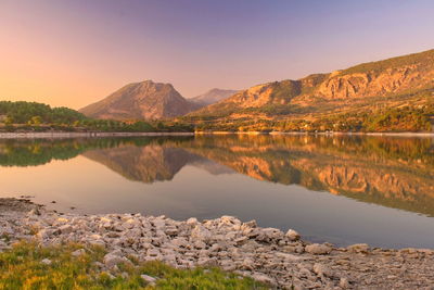 Scenic view of lake with mountains in background