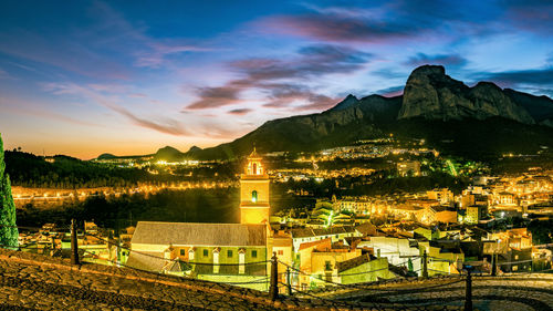 High angle shot of townscape against sky at sunset