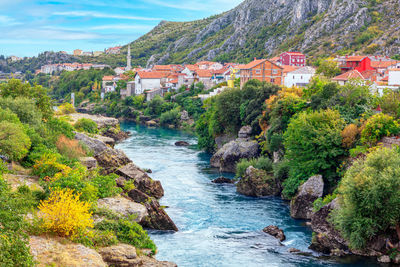Mostar town situated at neretva river in bosnia and herzegovina . city at the riverside in balkans 