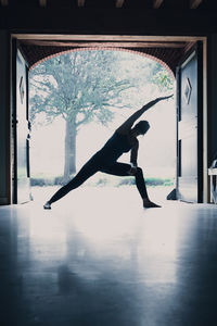 Full length of woman dancing against window