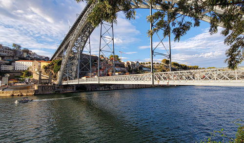 Bridge over river against cloudy sky