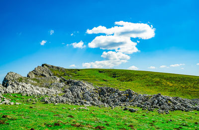 Landscape of green grass and rock hill in spring with beautiful blue sky and white clouds. 