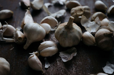 High angle view of white garlic