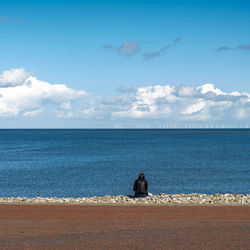 Rear view of woman sitting on beach against sky