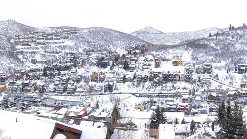 High angle view of townscape against sky during winter