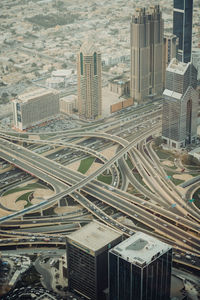 High angle view of modern buildings in city