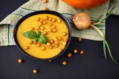 High angle view of soup in bowl on table