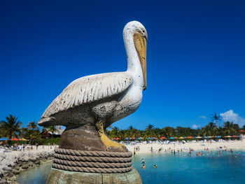View of sculpture by swimming pool against blue sky