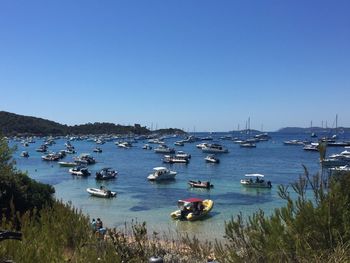 Sailboats moored on sea against clear blue sky