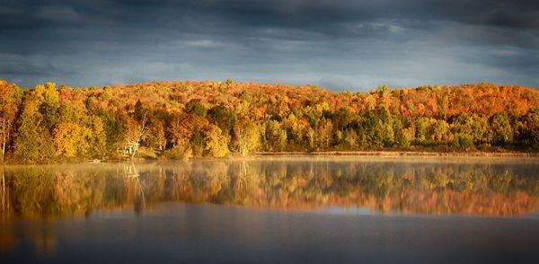 Scenic view of lake against dramatic sky