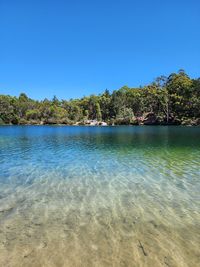 Scenic view of sea against clear blue sky