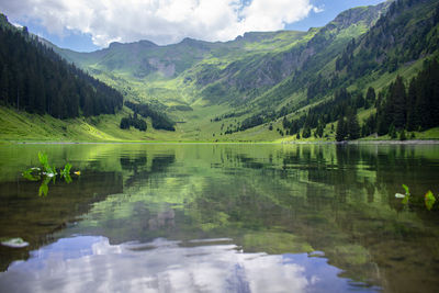 Scenic view of lake and mountains against sky