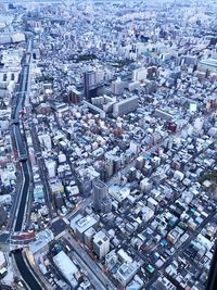 High angle view of modern buildings in city