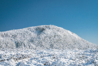 Scenic view of snowcapped mountains against clear blue sky