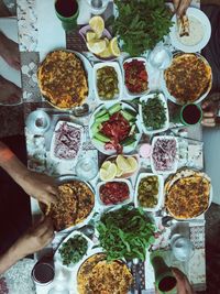 High angle view of various food on table