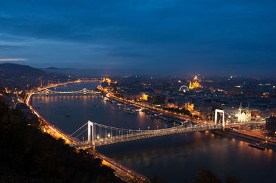 High angle view of illuminated bridge over river in city