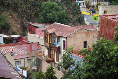 High angle view of houses in town