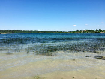 Scenic view of sea against clear blue sky