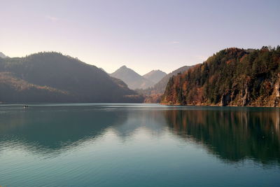 Reflection of rocky mountain range in calm lake