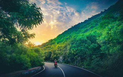 Man riding motorcycle on road amidst trees against sky during sunrise