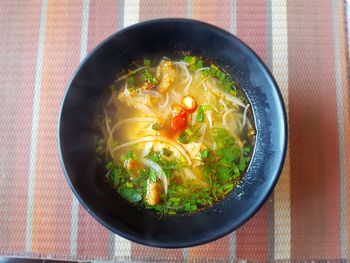 High angle view of soup in bowl