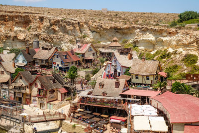 High angle view of houses in town