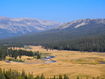 Scenic view of field and mountains against sky
