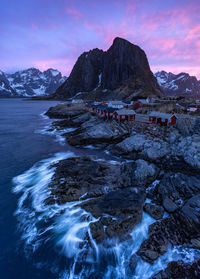 Scenic view of hamnoy, a small fishing village in moskenes municipality in nordland county, norway