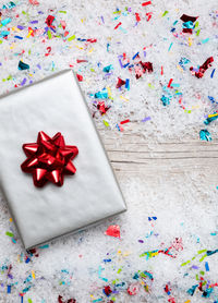 High angle view of christmas decorations on table