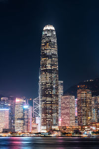 Illuminated buildings against sky at night