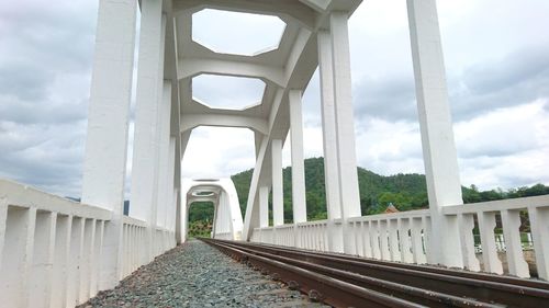 Bridge over railroad tracks against sky