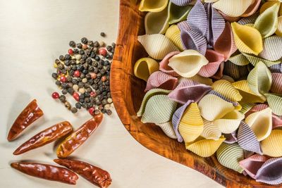 High angle view of dried food on table