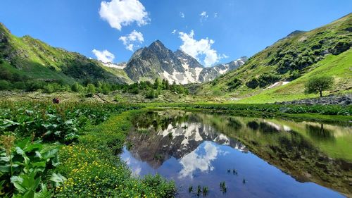 Panoramic view of lake and mountains against sky