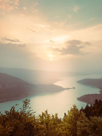 Scenic view of mountains against sky during sunset