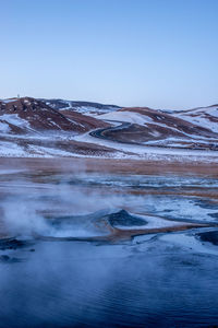 Scenic view of snowcapped mountains against clear sky
