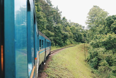 Train amidst trees against sky