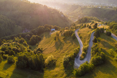 High angle view of trees and mountains