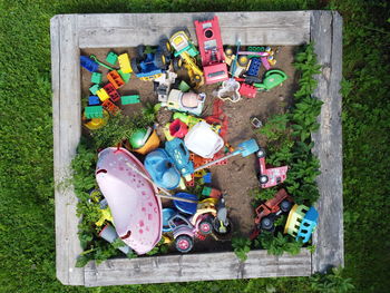 High angle view of toys on garbage bin