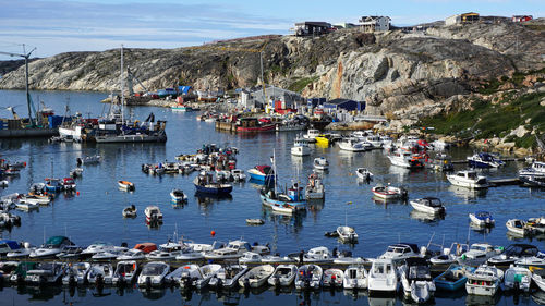 High angle view of boats moored in sea