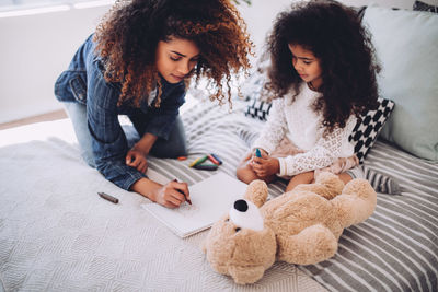 Young women sitting on sofa at home