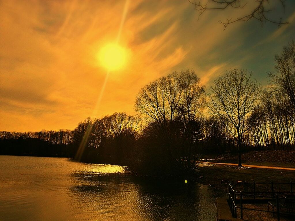 sunset, silhouette, tree, tranquil scene, tranquility, sky, water, scenics, beauty in nature, bare tree, orange color, sun, nature, lake, river, idyllic, cloud - sky, reflection, branch, sunlight