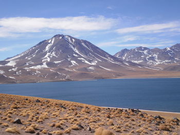 Scenic view of lake and mountains against sky