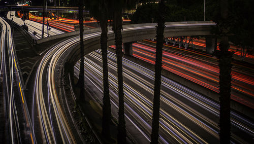 High angle view of light trails on street at night