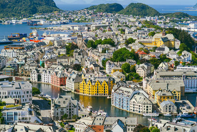 High angle view of buildings in city